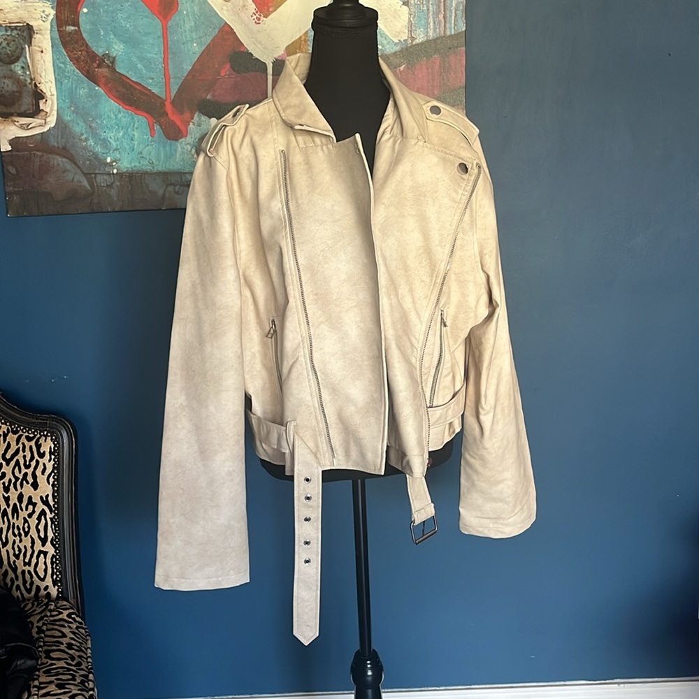 Fashion Nova Cream Faux Leather Moto Jacket